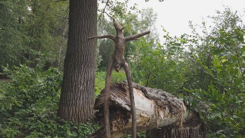 Wooden snag in the form of a pagan idol against forest