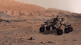 Mars. The Perseverance rover deploys its equipment against the backdrop of a true Martian landscape. Exploring Mission To Mars. Colony on Mars. Elements of this video furnished by NASA. 3d rendering.