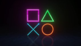 Geometry Neon lights in the room. Game symbols PlayStation 5 icons on a black background. Cross triangle square circle. Flickers. Seamless loop, 3d animation in 4K