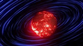 The flight of the fiery planet from the lava to the circular blue abyss Looped without breaks VJ LOOP video.