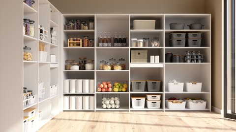 3d Rendering of Organised Pantry Items In Storage Room With Nonperishable Food Staples, Preserved Foods, Healty Eatings, Fruits And Vegetables