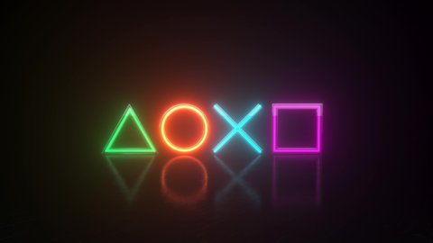 Geometry Neon lights in the room. Game symbols PlayStation 5 icons on a black background. Cross triangle square circle. Flickers. Chaotic smooth movements. Seamless loop, 3d animation in 4K