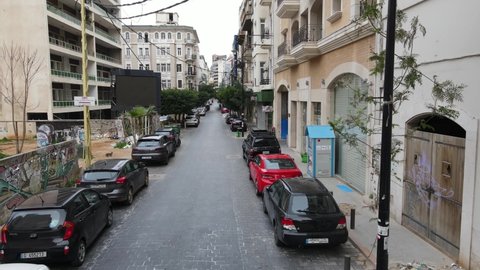 Beirut, Lebanon - March 15 2021: A drone aerial fly through flying shot over Jemmayzeh Street in Beirut's Achrafieh Neighborhood