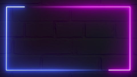 Abstract seamless looped animation of neon glowing frame on brick wall background