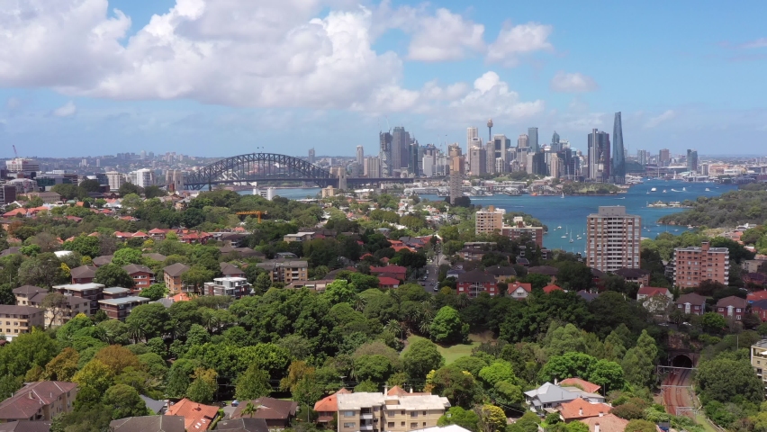Green leafy residential suburbs of Lower North Shore in Sydney – aerial 4k.
 | Shutterstock HD Video #1069090399