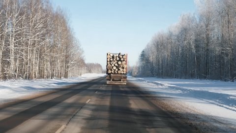 Truck Transportation Felled Tree Trunks Along The Highway