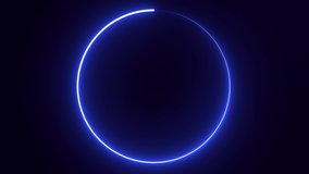 Abstract looped animation of round neon glowing frame on blue background