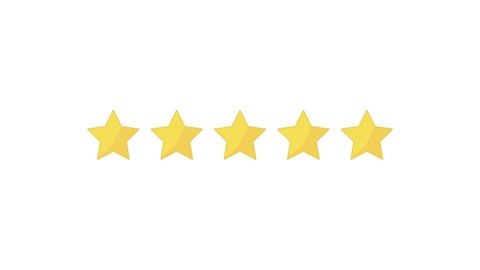 Five Stars Rating. Clean Motion Graphics. White Background. Rate a business or an app online. 5 golden stars for customer quality review illustration. 