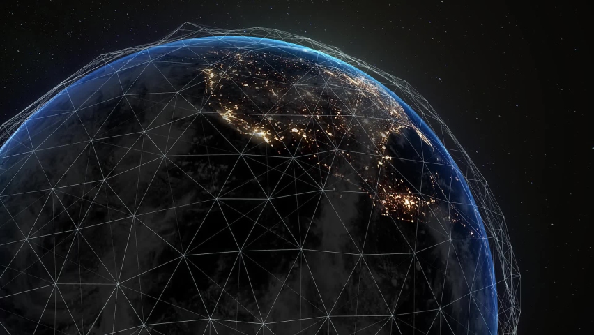 Digital grid over the surface of the night planet. A futuristic, global network that covers the entire planet. Royalty-Free Stock Footage #1069096816