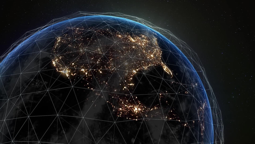 Digital grid over the surface of the night planet. A futuristic, global network that covers the entire planet. | Shutterstock HD Video #1069096816