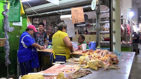 San Francisco de Campeche, Campeche, Mexico - MARCH 31, 2019: 
Poultry stall at the Campeche central market.