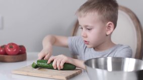 The boy prepares a vegetable salad, cuts a green cucumber with a knife. 
