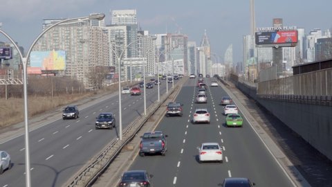 Toronto - February 27, 2021: The Gardner Expressway leads into downtown Toronto.