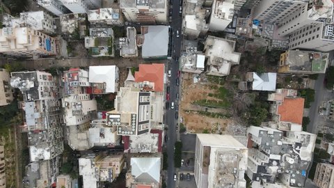 Beirut, Lebanon - March 15 2021: A drone aerial bird eye view flying shot of Jemmayzeh Street in Beirut's Achrafieh Neighborhood 