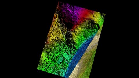 visual description of a 3d real life model used in gis software flattening and orthophoto and dem or digital elevation model overlay describing altitudes with the help of color gradients