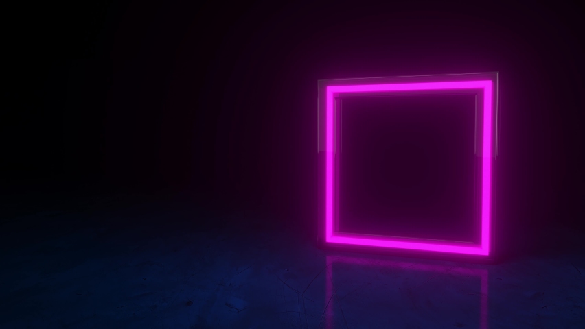Futuristic neon glowing purple square symbol on black dark background with blurred reflection. Form glass rim. Neon frame sign in the shape of a square. Flickers. Flickers. 3d loop animation of 4K | Shutterstock HD Video #1069112875