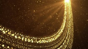 4K loop Golden Glitter Sparkling Magic light particles. Shining gold Dust particles Trail Crossing sparkles background. New year, event, Christmas, Festival, Diwali. Awards, fashion, festival, stage