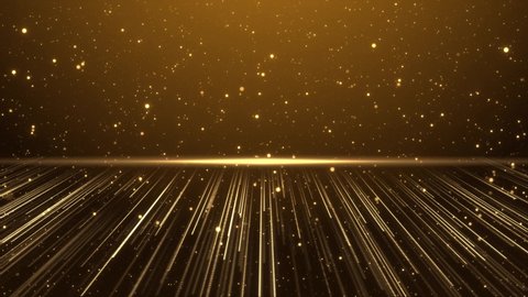 Wall of Bright golden glitter particles Stage Luxury space rays moving on the floor loop. Glamour surface abstract background. event awards trailer titles cinematic concert stage background.