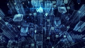 3D 4K Business and communnication network on city Loop background. Future Science And Technology Holographic Smart Cyber City High Building Model Space Promotion. Communication Network Concept. - Powered by Shutterstock - Get 15% off with code: PIKWIZARD15