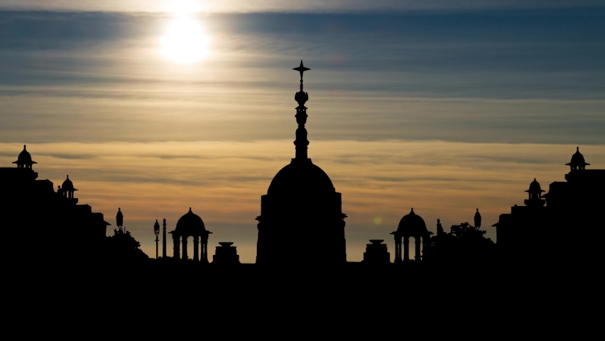 Rashtrapati Bhavan, Time Lapse at Sunset with Silhouette of Presidential Residence, New Delhi, India