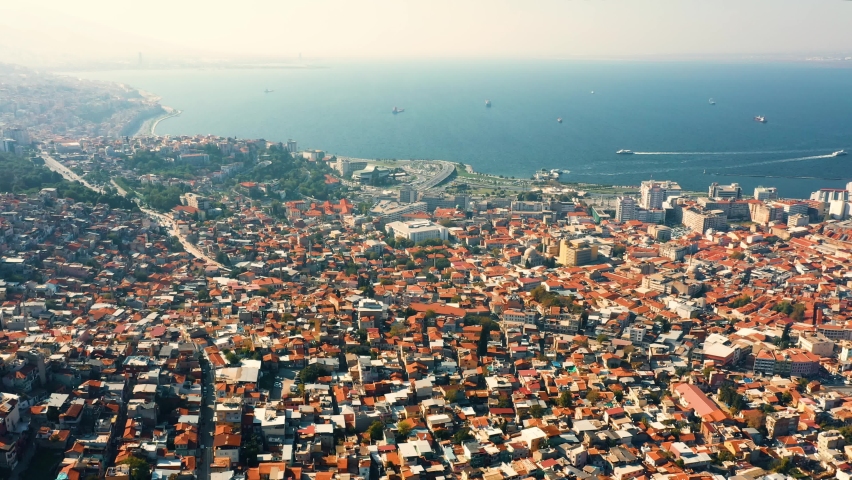 Aerial panoramic view of Izmir city on a summer day.