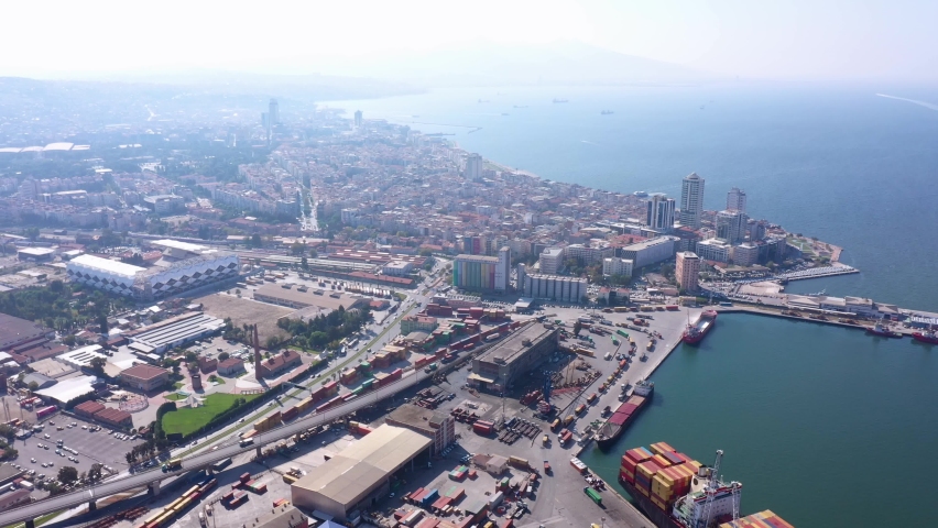 Aerial view of port and gulf of Izmir, Turkey.