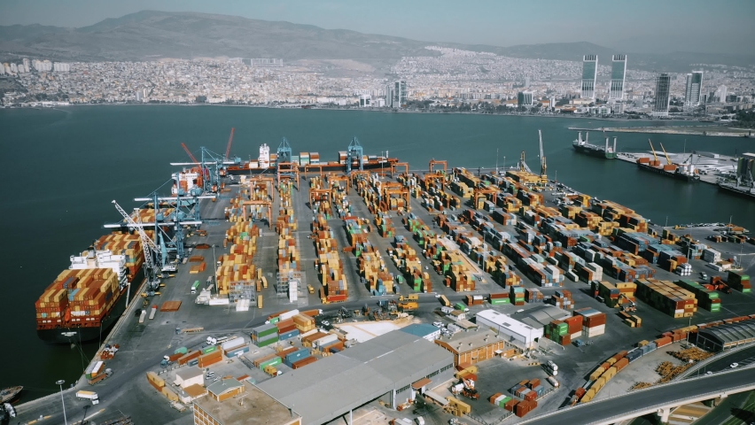 Aerial view of Izmir port and Aegean sea.