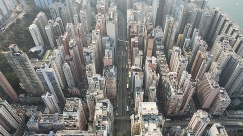 Aerial View of the skyline of Hong Kong Island Eastern Corridor at Victoria Harbour, Kings Road in North Point, Tai Koo