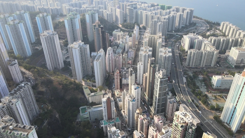 Aerial View of the skyline of Hong Kong Island Eastern Corridor at Victoria Harbour, Kings Road in North Point, Tai Koo