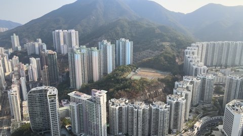 Aerial View of the skyline of Hong Kong Island Eastern Corridor at Victoria Harbour, Kings Road in North Point, Tai Koo