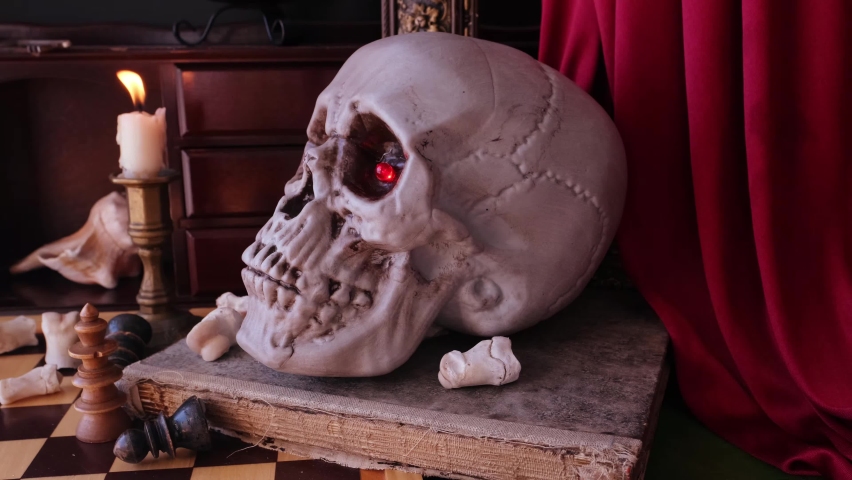 allegorical still life in the baroque genre Vanitas, a skull on a book, chess, candles are burning, concept of the transience of life, the futility of pleasures and inevitability of death