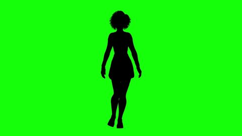 Silhouette of a woman with afro hair and short skirt catwalk, on green screen, front view. People silhouettes seamless loop 3D animation.