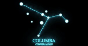 Columba constellation. Light rays, laser light shining blue color. Stars in the night sky. Cluster of stars and galaxies. Horizontal composition, 4k video quality