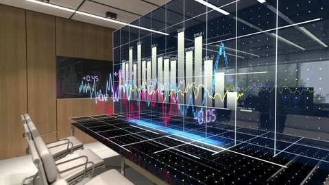 Animated charts diagrams of financial statistics report growing on table in office Interior. Exchange trading. Fluctuation rise in cent, exchange financial transactions. 3d rendering