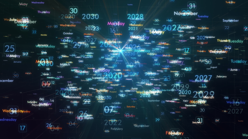 futuristic calendar with years, months and weekdays, the time passing, or concept of time travel (3d render)