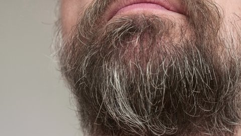Close up of man's bearded face. Man puts barrette on his beard and smiles.