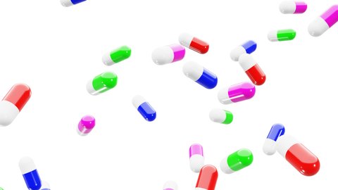 Realistic looping slow motion 3D animation of the colorful medicine pills rendered as PNG RGBA in UHD. RGB plus Alpha. Transparent background.