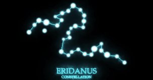 Eridanus constellation. Light rays, laser light shining blue color. Stars in the night sky. Cluster of stars and galaxies. Horizontal composition, 4k video quality