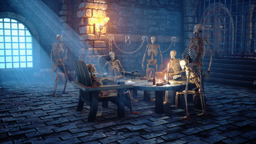 Party at the creepy skeletons in a mystical medieval dungeon. Mystical nightmare concept. Animation is for fantasy, mystical or historical backgrounds.
