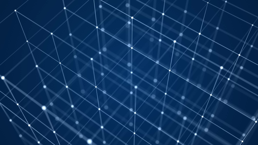 Abstract wireframe cube. Digital blockchain concept. Futuristic blue background with dots and lines. 3D rendering. Royalty-Free Stock Footage #1069149523