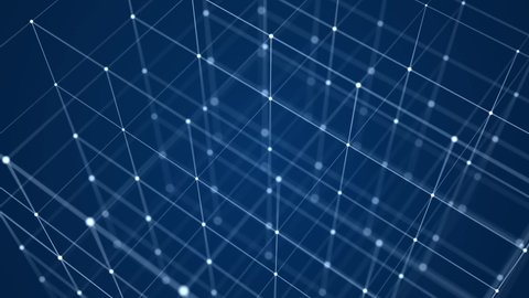 Abstract wireframe cube. Digital blockchain concept. Futuristic blue background with dots and lines. 3D rendering.