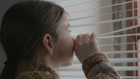 Portrait of a boy in the window at home isolated, set of video clips.