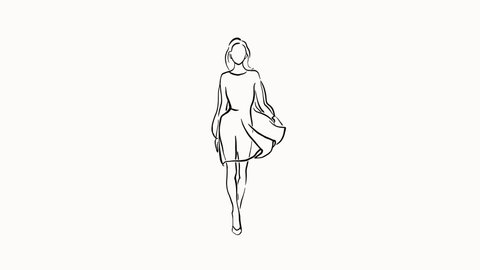 Cute hand drawn animation. Black outline silhouette of woman in dress. Isolated cartoon character in sketch style. Fashion and beauty concept. Monochrome clip-art. Ink art. Footage with alpha channel