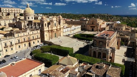 Drone shot of a catedral in Noto, Sicily.