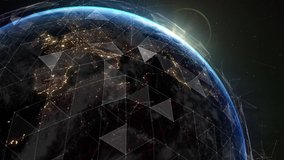 Digital data grid around the planet. Earth, covered grid with thin lines and connection dots. Global social network. Business and technology concept. - Powered by Shutterstock - Get 15% off with code: PIKWIZARD15