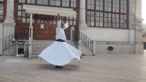 white dress that whirling ritual by faith from mevlana synthesis with a whirling dervish Sufi music fonts, 07.01.2021 izmir-turkey