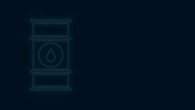 Glowing neon line Oil barrel line icon isolated on black background. Oil drum container. For infographics, fuel, industry, power, ecology. 4K Video motion graphic animation.