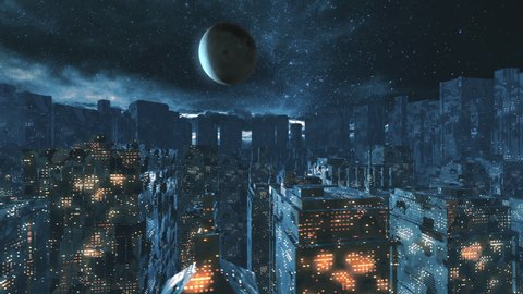 Futuristic cyberpunk city aerial night view, concept of future sci fi technology 库存视频