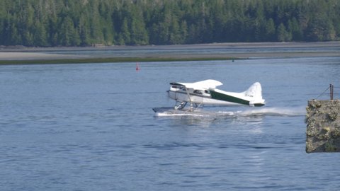 Tofino, BC, Canada - August 4, 2019:
A seaplane taking off for spectacular sightseeing in the area