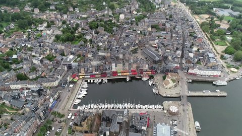 Aerial bird view of marina of Honfleur a commune in the Calvados department in northwestern France it is especially known for its old port characterized by its houses with slate-covered frontages 4k